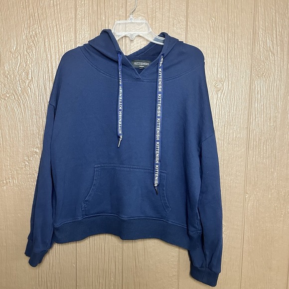 Kittenish Navy Blue Hooded Sweatshirt Size M Cotton Mid Length Basic Pullover - Picture 1 of 6